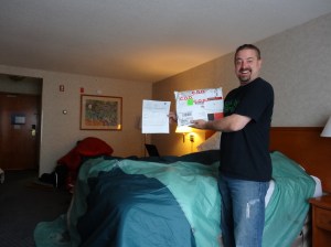 Emergency belt delivery to our hotel in Canada.  Notice we are drying our camping gear!